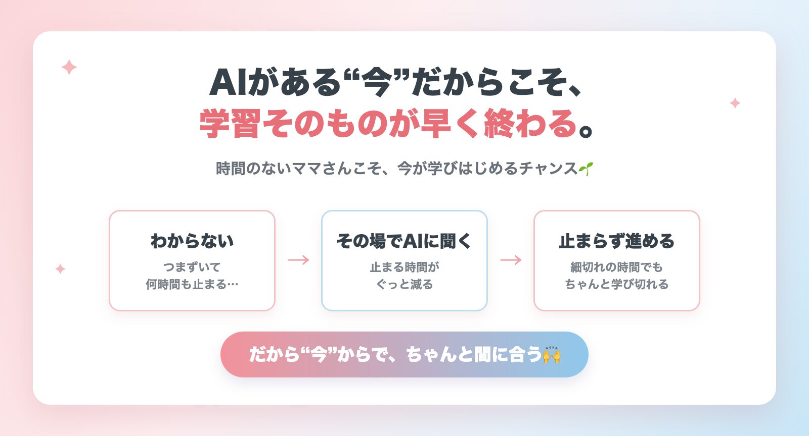 AIがある今だからこそ学習は早く終わる。わからないところはその場でAIに聞けるから、細切れの時間でも学び切れる