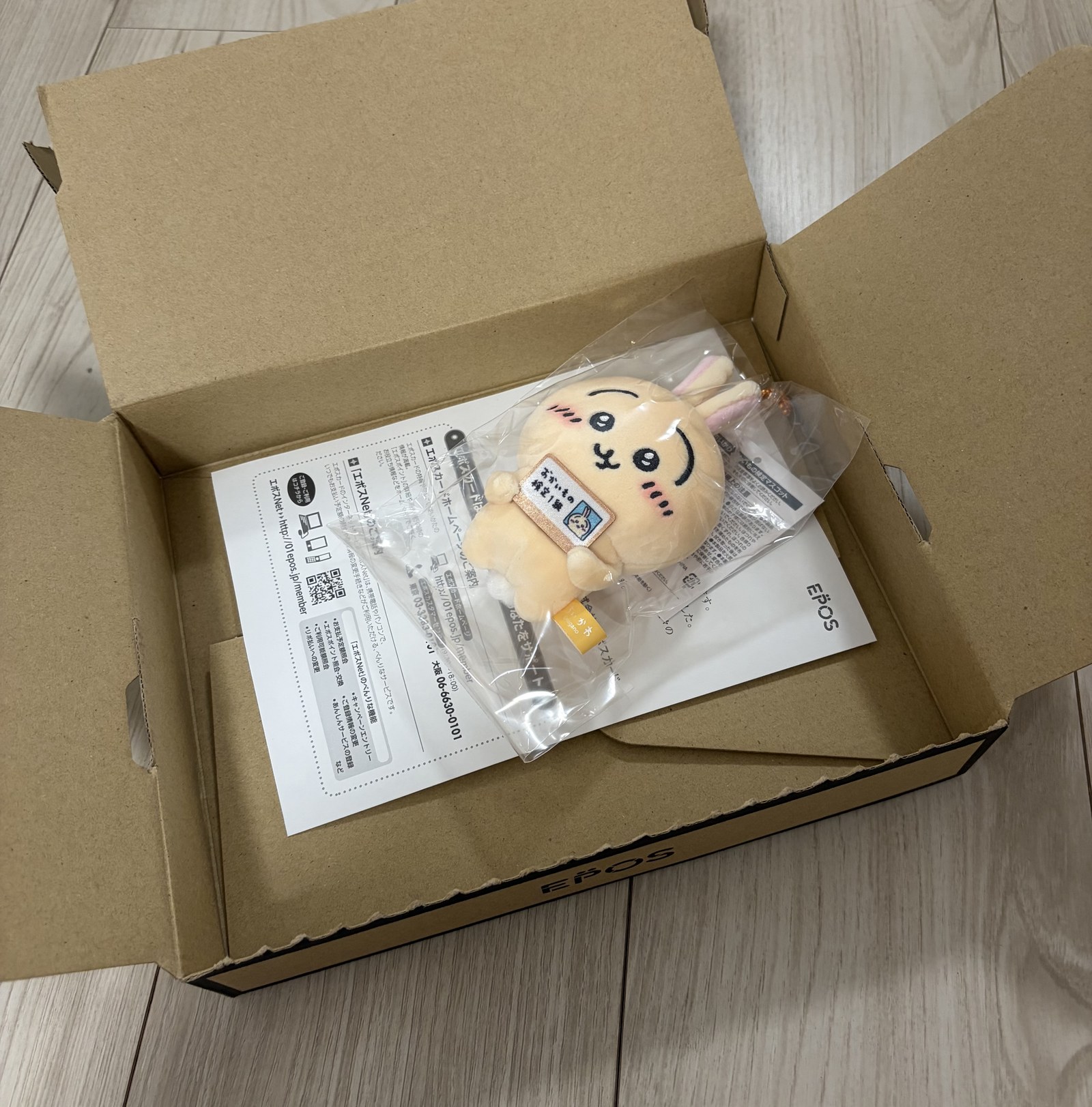 エポスのロゴ入りの段ボール箱を開けたところ。袋に入ったうさぎおかいもの検定マスコットと、エポスNetの案内の紙が入っている